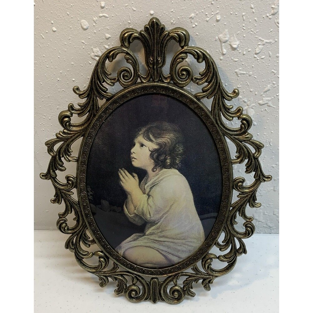 VTG Itay Infant Samuel Antique Brass Oval Pic Frame Convex Bubble Glass 14x11